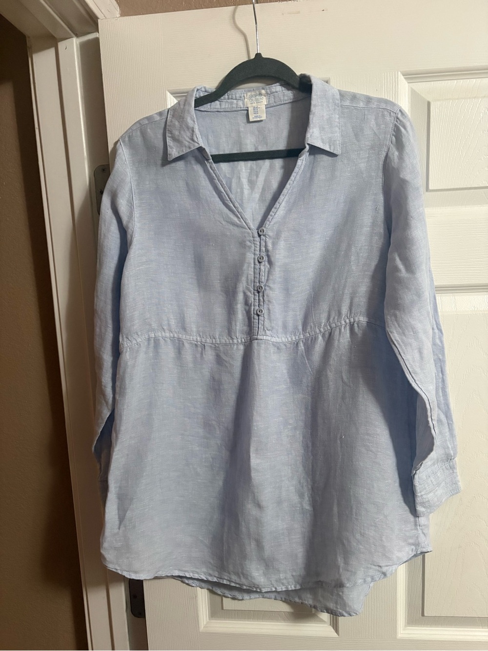 100% linen Sigrid Olsen blouse top collared lagenlook lightweight coastal M